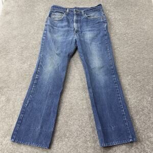 VTG Levis Mens Blue Denim Bootcut Jean Pants Made In USA High Rise 34x29 Hemmed